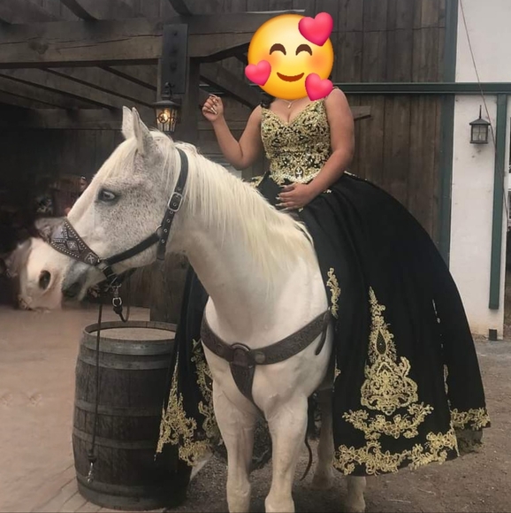 Prom Wedding Quinceañera Black Gold Ball Gown Iridescent gems detachable cape - Picture 5 of 10